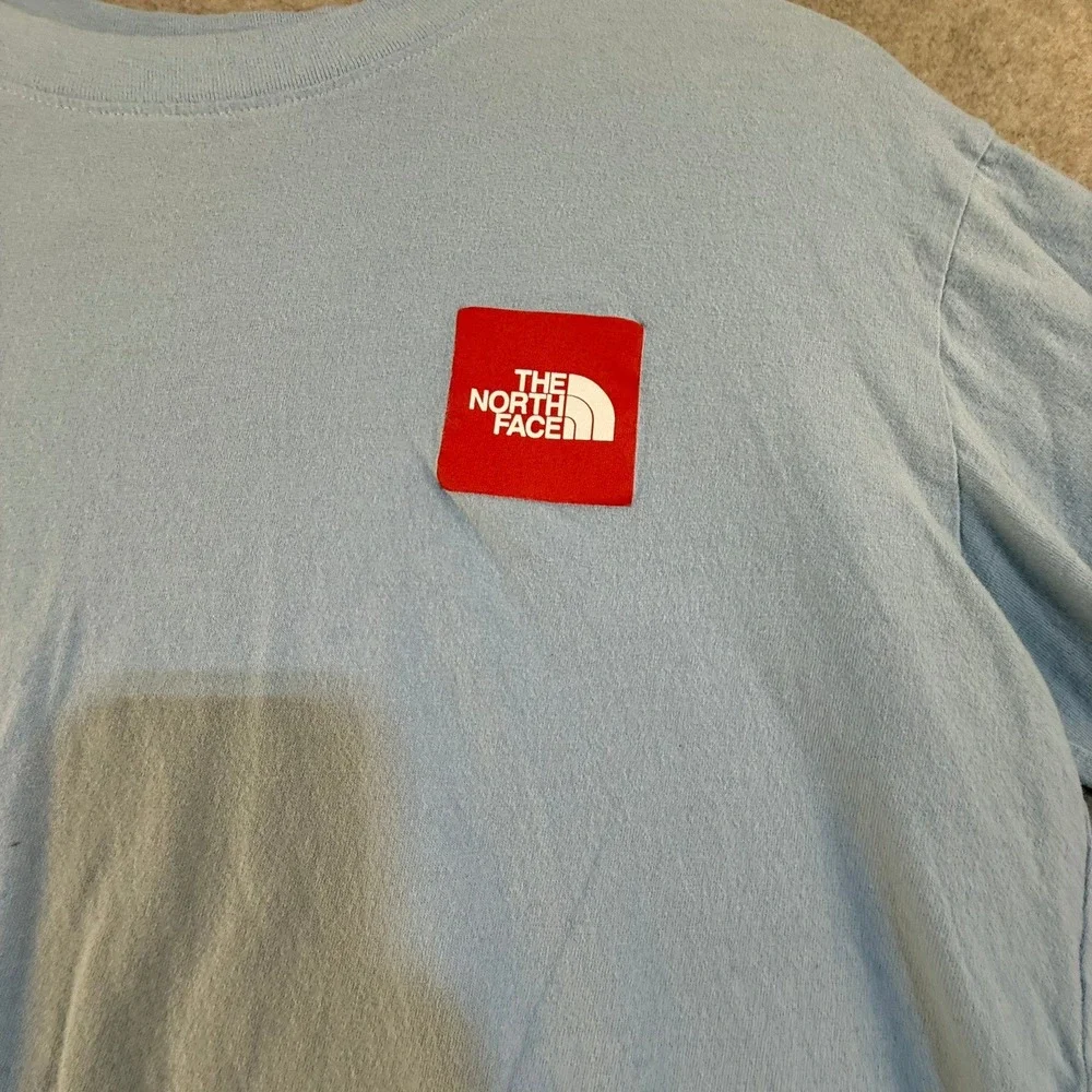 The North Face Womens Light Blue Red Box Logo Cropped T-Shirt Size S Small